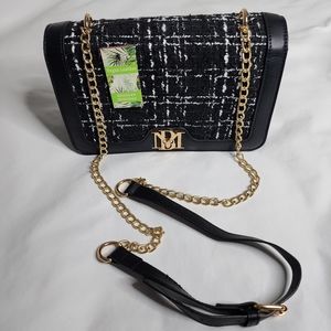 Badgley Mischka Crossbody Bag Black Vegan Leather Wool Front Gold Tone Chain NWT